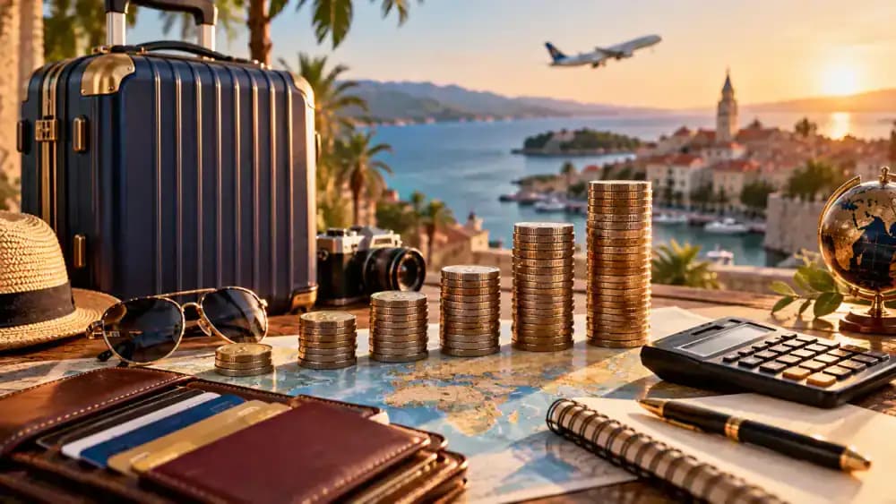 Stacks of coins growing beside travel luggage and a calculator to illustrate cumulative currency conversion costs.
