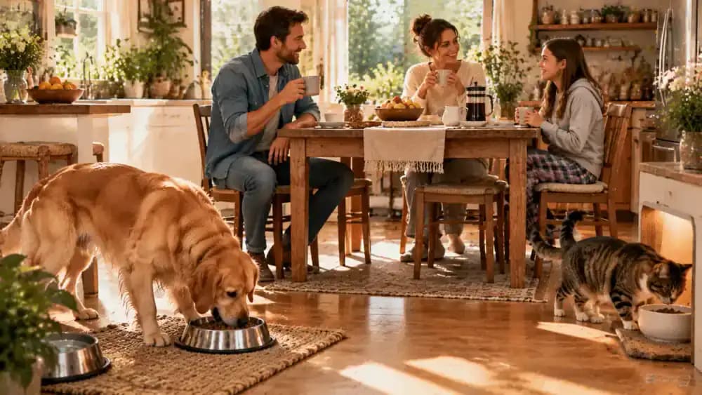 Golden Retriever finishing breakfast beside a kitchen island while a tabby cat eats at a separate station in a sunny modern family kitchen, with adults checking a feeding chart.