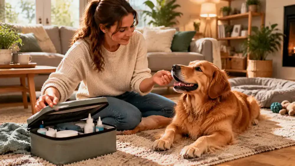 Owner calmly checking the dog's visible ears during grooming, rewarding relaxed behavior, and closing the grooming kit as the dog settles beside them.