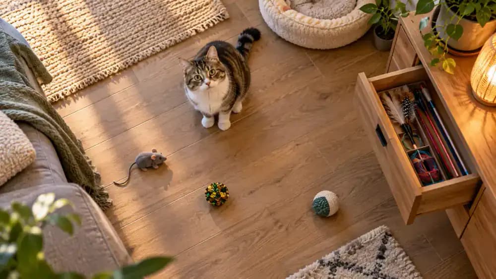 Soft cat ball mouse toy and kicker toy in a simple starter room