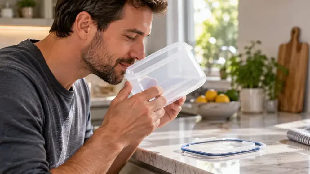 Close-up of clean hands inspecting a fully air-dried transparent plastic food container with orange tomato stains along its bottom and corners, alongside a detached plastic lid and silicone sealing gasket on a white cotton towel over a matte charcoal kitchen countertop.