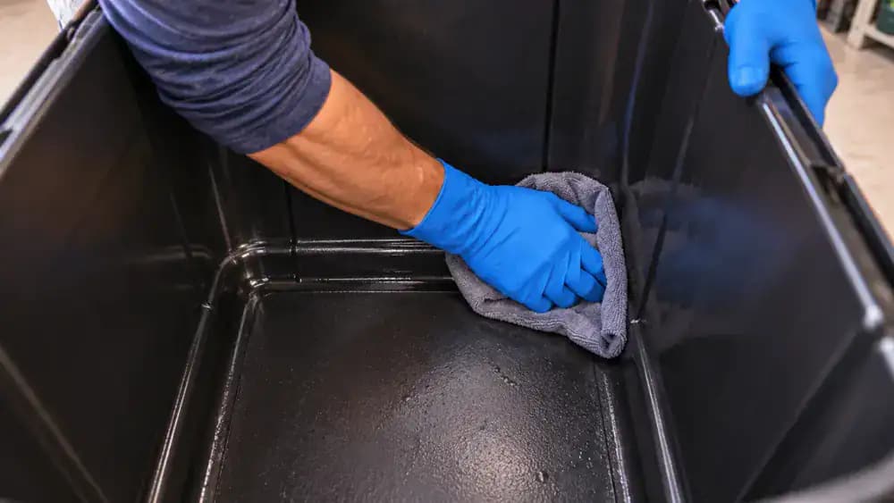 Gloved hands smoothing a fresh trash can liner into the bottom corners and evenly around the rim of a clean, dry kitchen trash can.