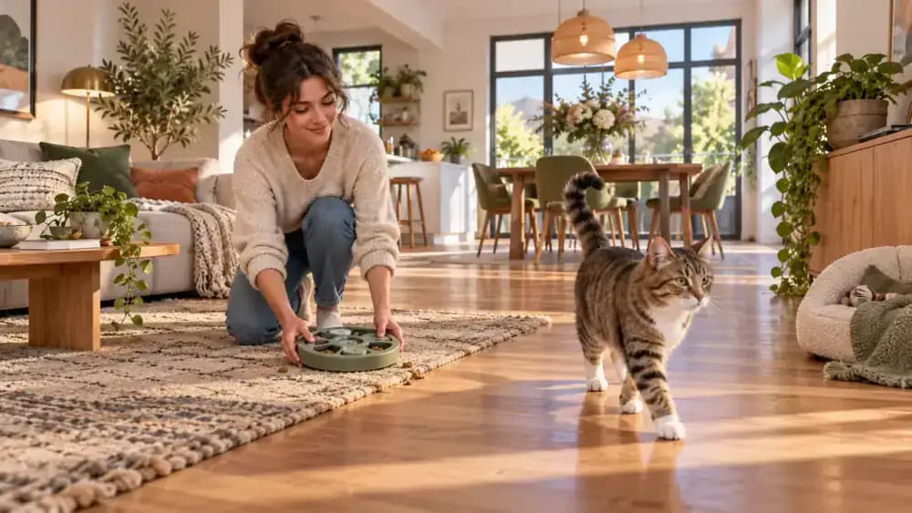Cat freely walking away from a puzzle feeder in an open room