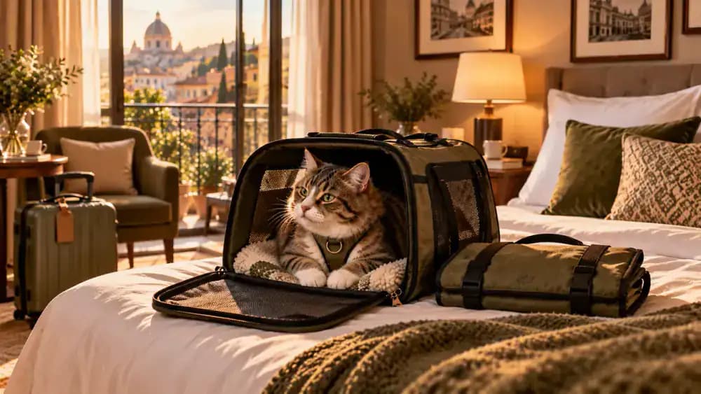 Cat resting on a familiar small blanket inside an open carrier in a quiet hotel room