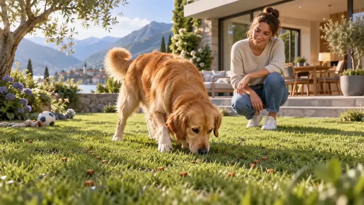 Dog searching clean backyard grass for scattered pieces of kibble
