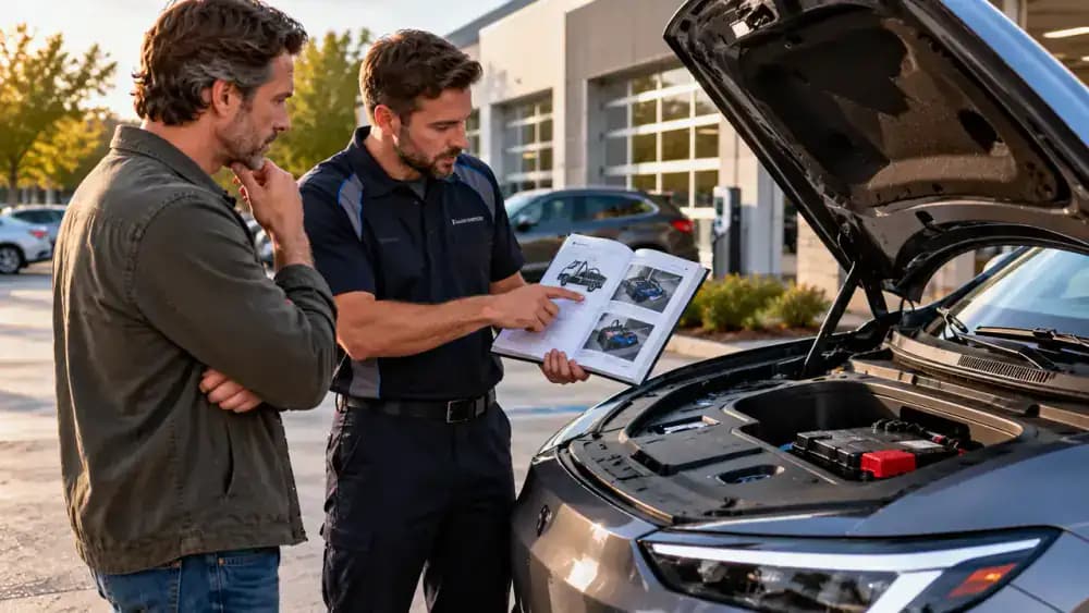 Owner and qualified electric vehicle technician reviewing model-specific battery assistance instructions on a tablet beside a parked electric crossover.