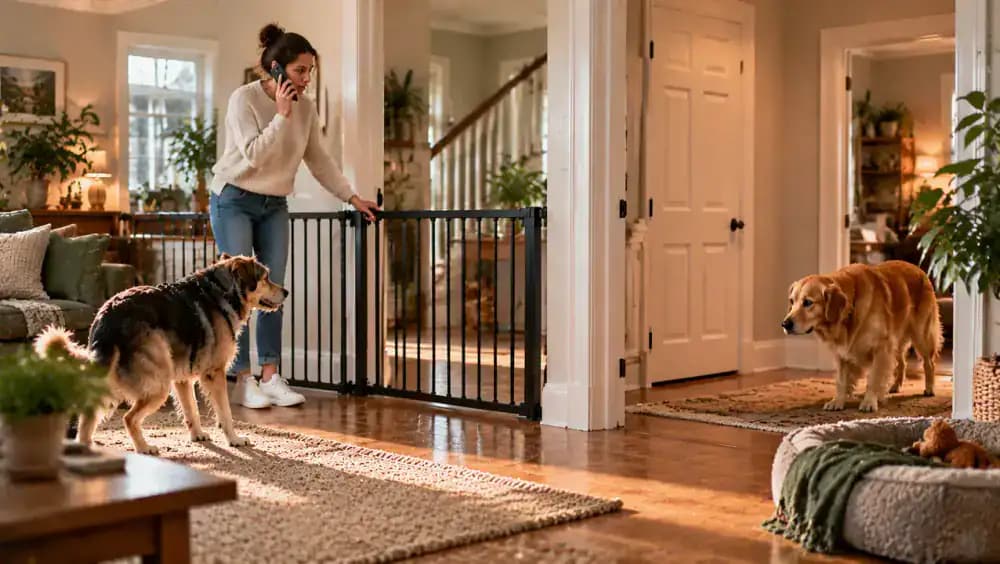 Two dogs resting comfortably in separate favorite spots in a sunlit home while their owner supervises and rewards each dog individually.