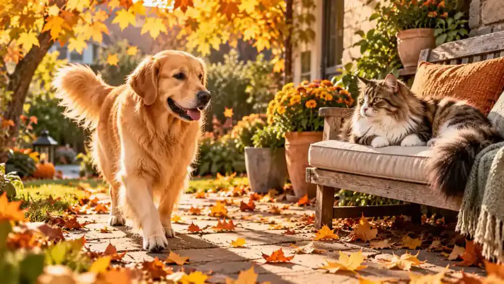 Healthy Golden Retriever walking with its owner along a stone path in a sunny autumn garden, while a fluffy long-haired cat relaxes on a cushioned bench beneath falling golden leaves.