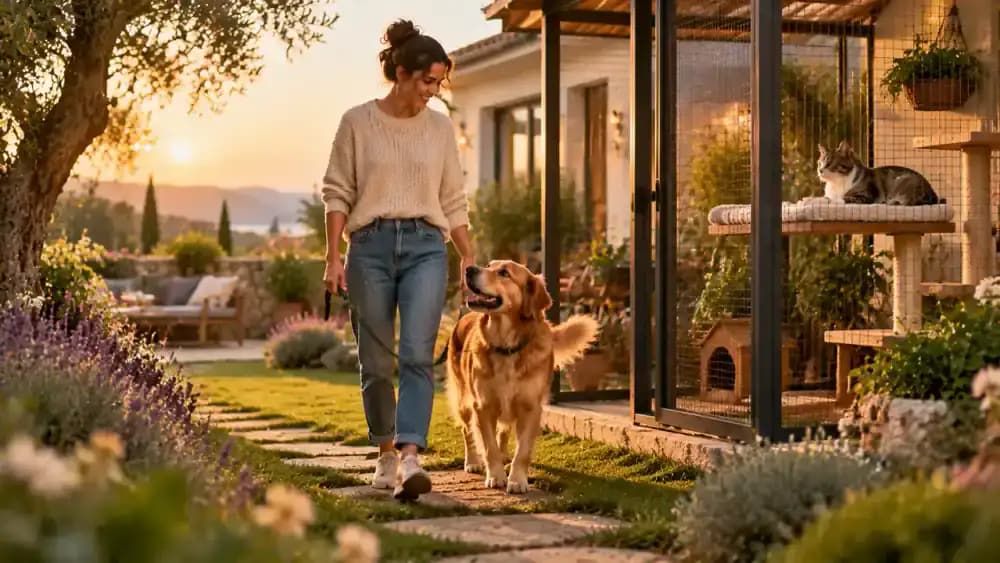 Adopted dog walks beside its owner in a peaceful garden at golden hour while a cat relaxes on an enclosed patio, illustrating everyday companionship and lasting trust.