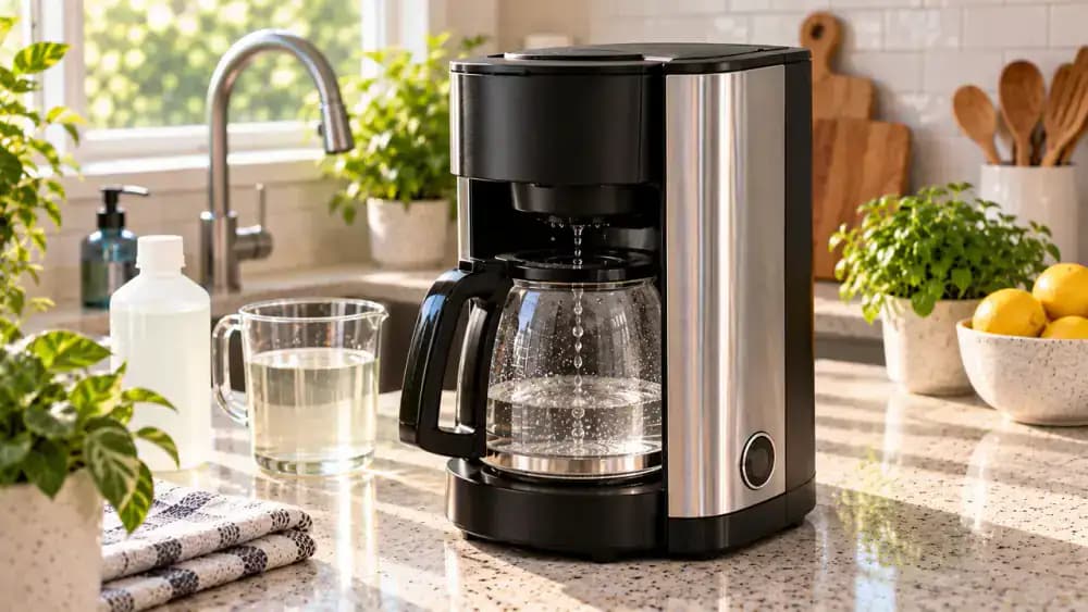 Side view of a coffee maker running a descaling cycle with solution flowing into the carafe while the reservoir and status display remain visible.