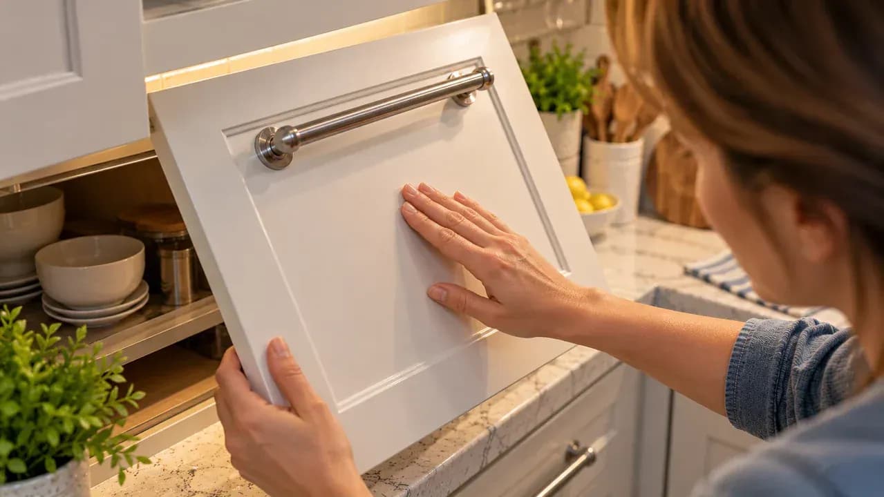 Fully dried painted cabinet door held at an angle under bright under-cabinet lighting while a clean fingertip lightly checks the center panel for tackiness, leaving the handle, seams, and edges untouched.