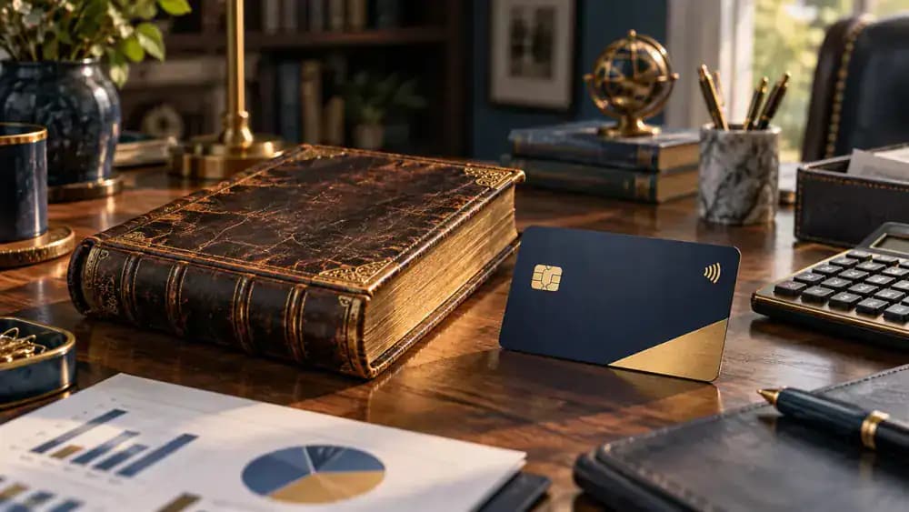 Old banking ledger next to a contemporary contactless credit card, illustrating the evolution of consumer financial regulations.
