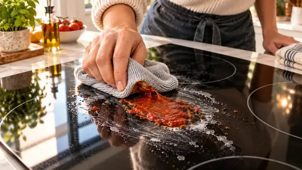 Overhead view of a cooled black glass-ceramic electric cooktop with a stubborn tomato sauce deposit near the rear-left burner, approved cleaner applied to the residue, a fresh microfiber cloth gently lifting its edge, and an open appliance cleaning manual beside the cooktop.
