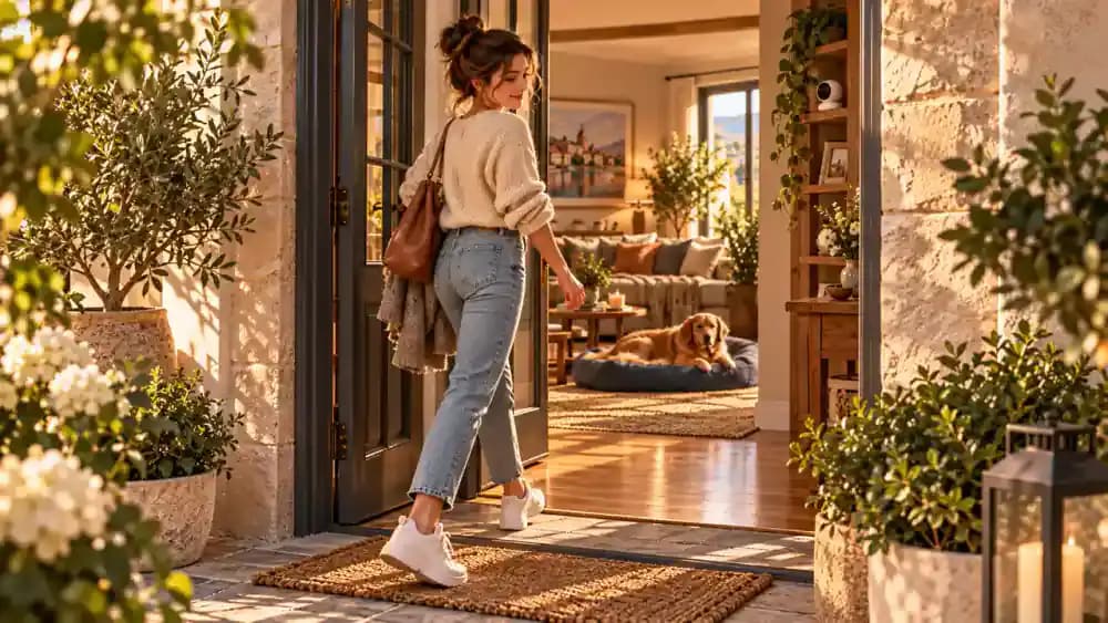 Emma briefly steps onto the front porch welcome mat beside a slightly open door while Bailey rests calmly on his bed inside. A small security camera is mounted above the doorway.