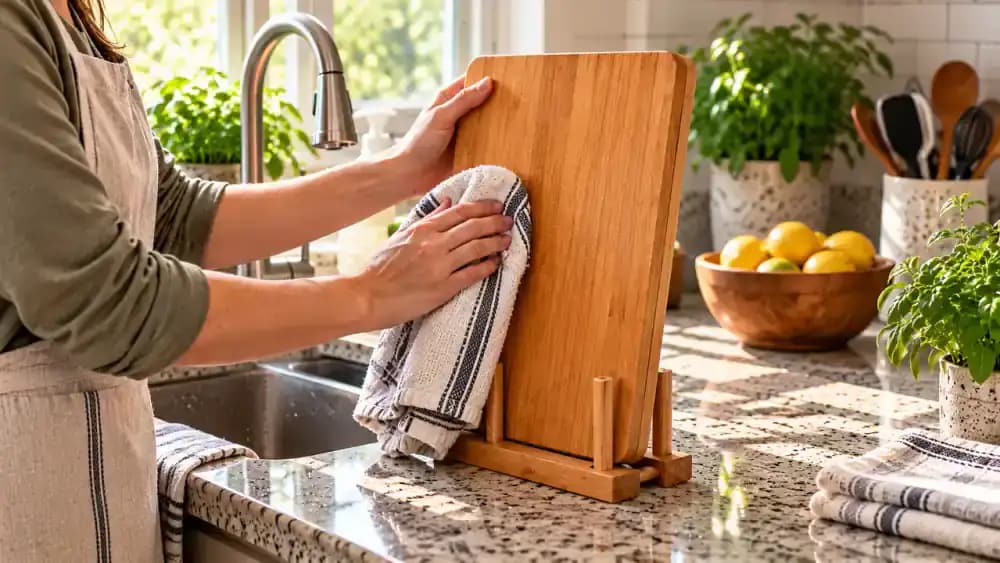 Clean bamboo cutting board being patted dry with a folded towel and standing upright on its narrow edge between nonslip supports on a dry countertop.