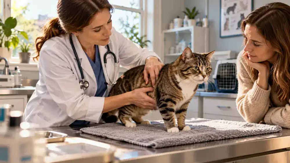 Cat owner recording litter box observations in a notebook, cleaning a well-positioned litter tray, and attending a calm veterinary examination before relaxing at home with the cat.