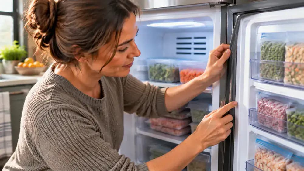 Homeowner inspecting a freezer door gasket and checking airflow space around stored items during weekly maintenance