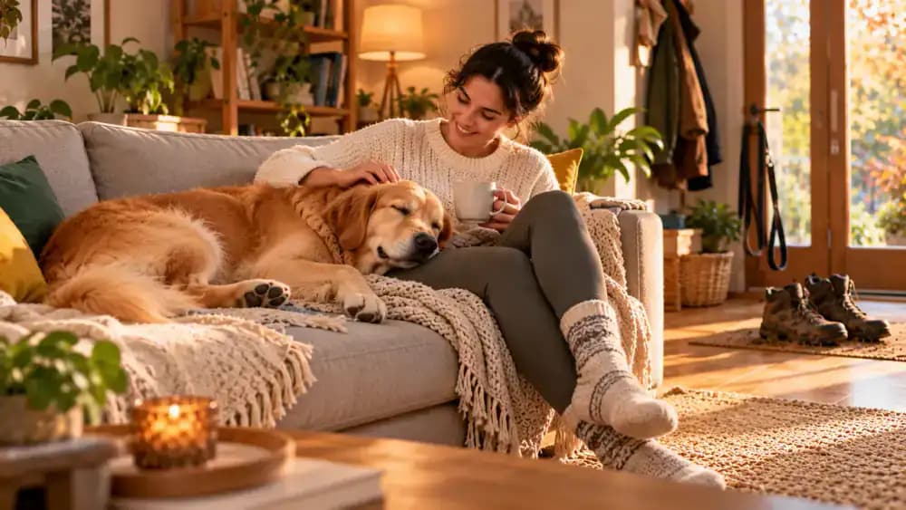 Dog resting in its bed, sniffing grass outdoors, and relaxing beside its owner while indoor obstacle course supplies are stored in a cabinet, followed by the dog approaching a familiar weaving marker on a rainy afternoon.
