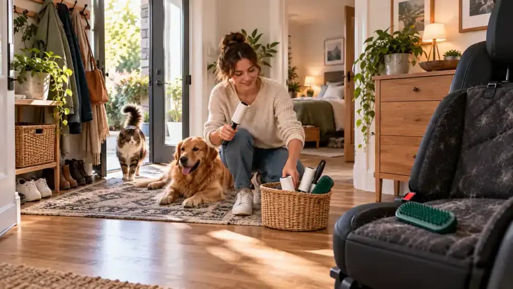 Lint rollers positioned in an entryway, bedroom, and near a car seat