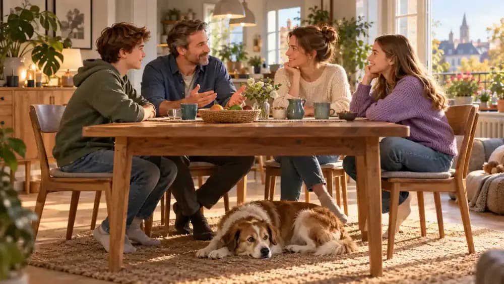Family writing consistent dog household rules on a notepad