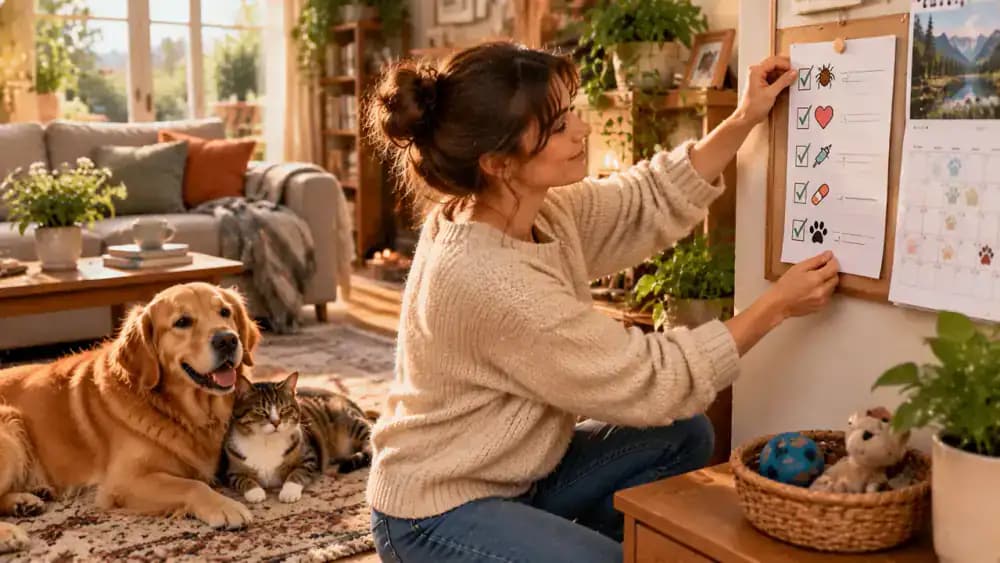 Pet owner updating a parasite prevention checklist after a veterinary appointment, displaying the printed record on a household noticeboard, and saving a digital copy on a phone while a dog and cat relax nearby.