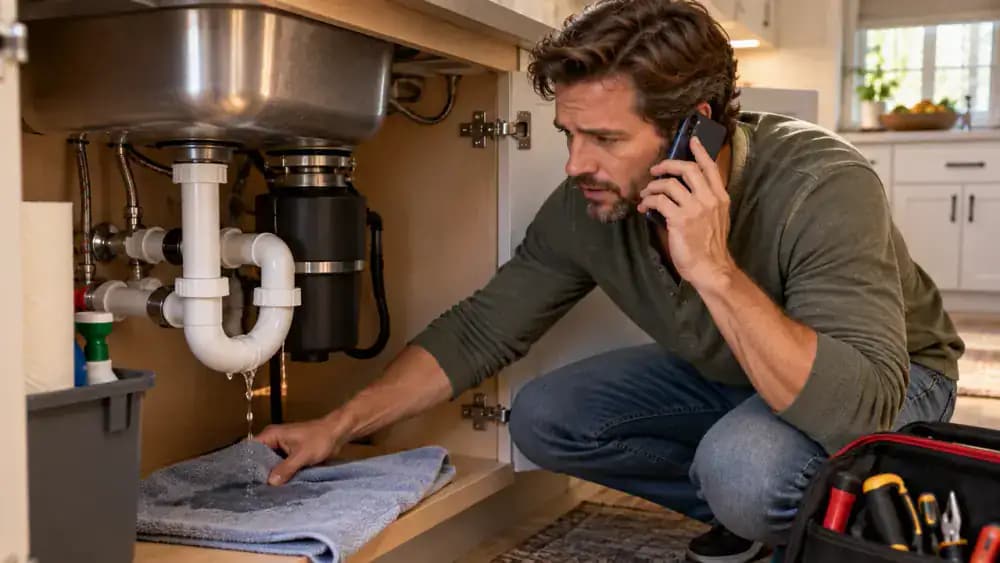 Homeowner scraping meal scraps into a trash container beside the sink while cool water runs into the empty garbage disposal basin, with hands kept away from the drain.