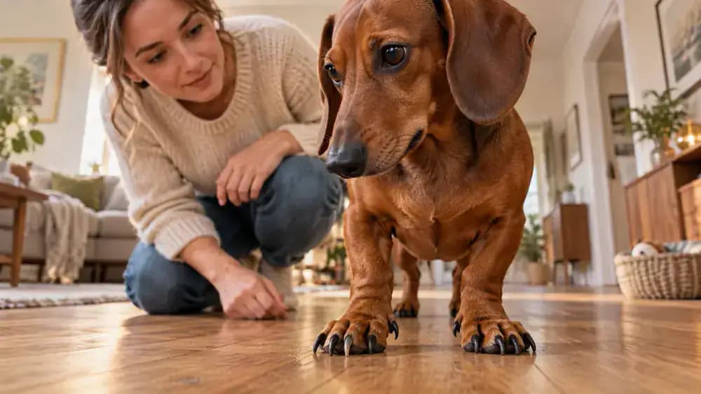 Dachshund standing on wooden flooring with its front nails and dewclaw visible