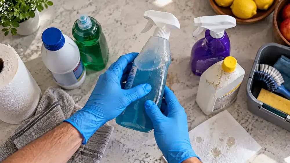 Overhead view of blue-gloved hands inspecting upright household cleaning bottles on a white protective mat, wiping an intact bottle with a microfiber cloth and separating a damaged bottle into a shallow plastic container.