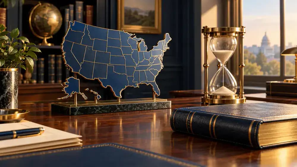 A United States map positioned next to an hourglass and a closed legal reference book.