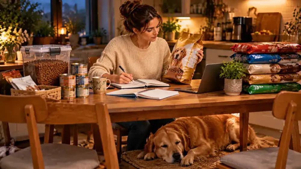 Pet owner writing a grocery list at a cozy kitchen table with pet food inventory notes, a shopping tote, a sleeping Golden Retriever, and a tabby cat resting by the window.