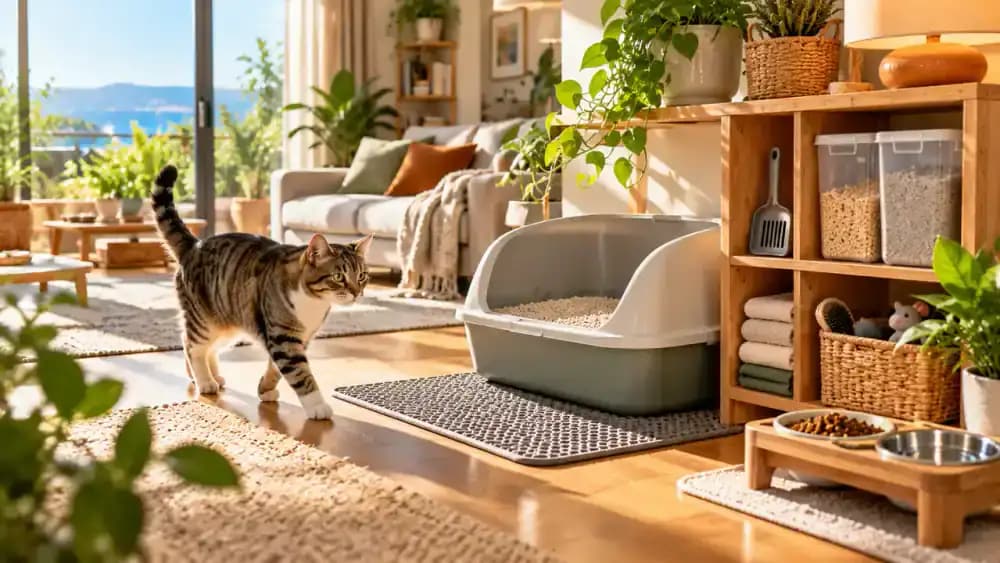 Cat owner reviewing a completed weekly litter box maintenance chart on a sunny Sunday afternoon, checking organized cleaning supplies and watching a relaxed cat approach its clean litter area.