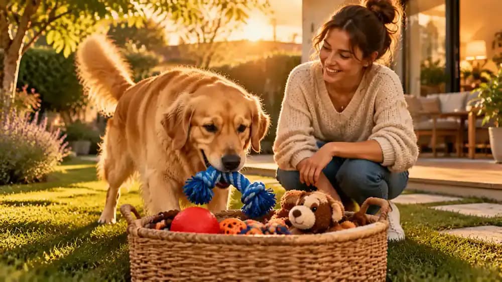 Golden retriever choosing a favorite toy from a small basket in a grassy backyard while its owner enjoys relaxed play nearby.