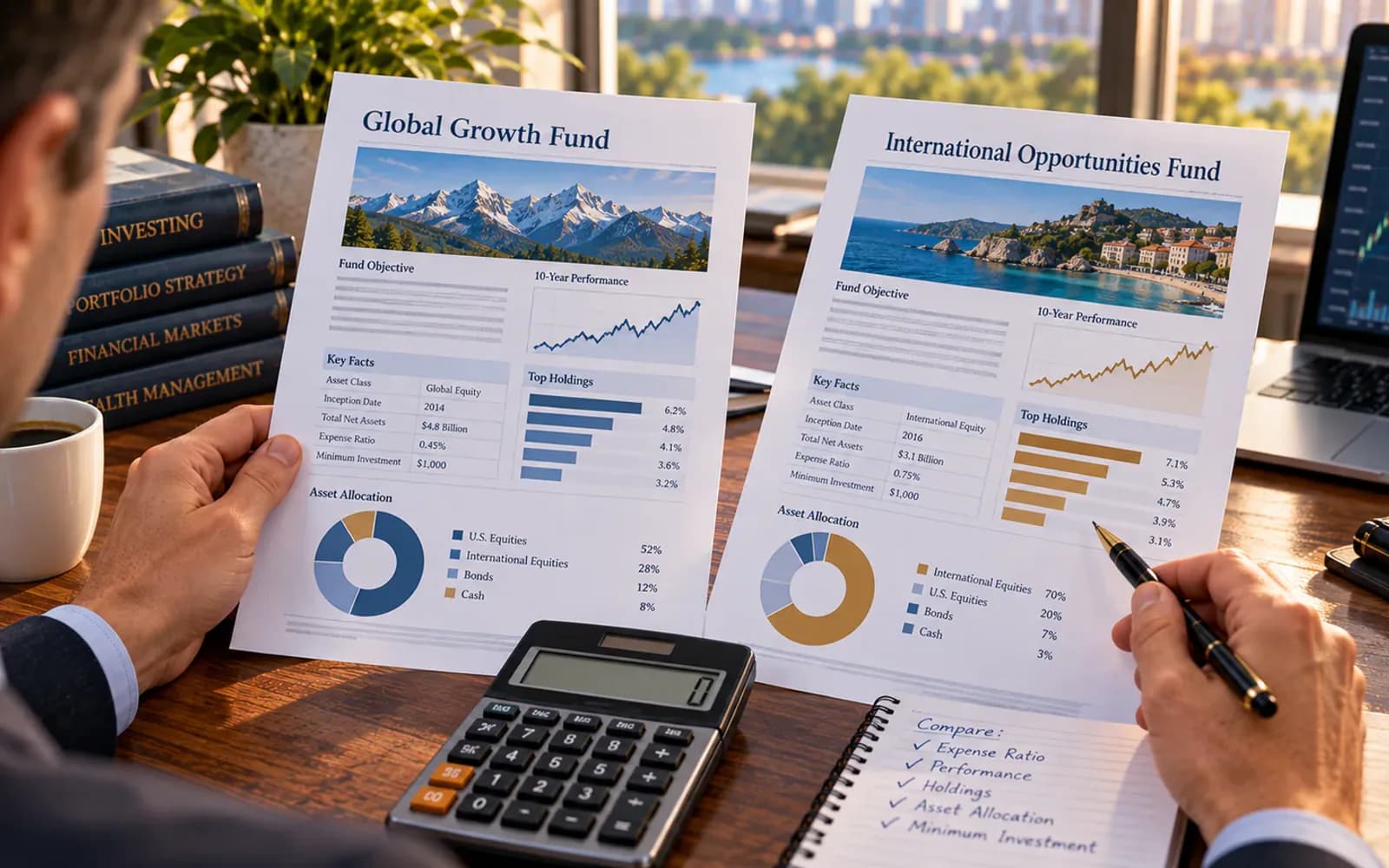 Investor comparing two similar investment funds side by side