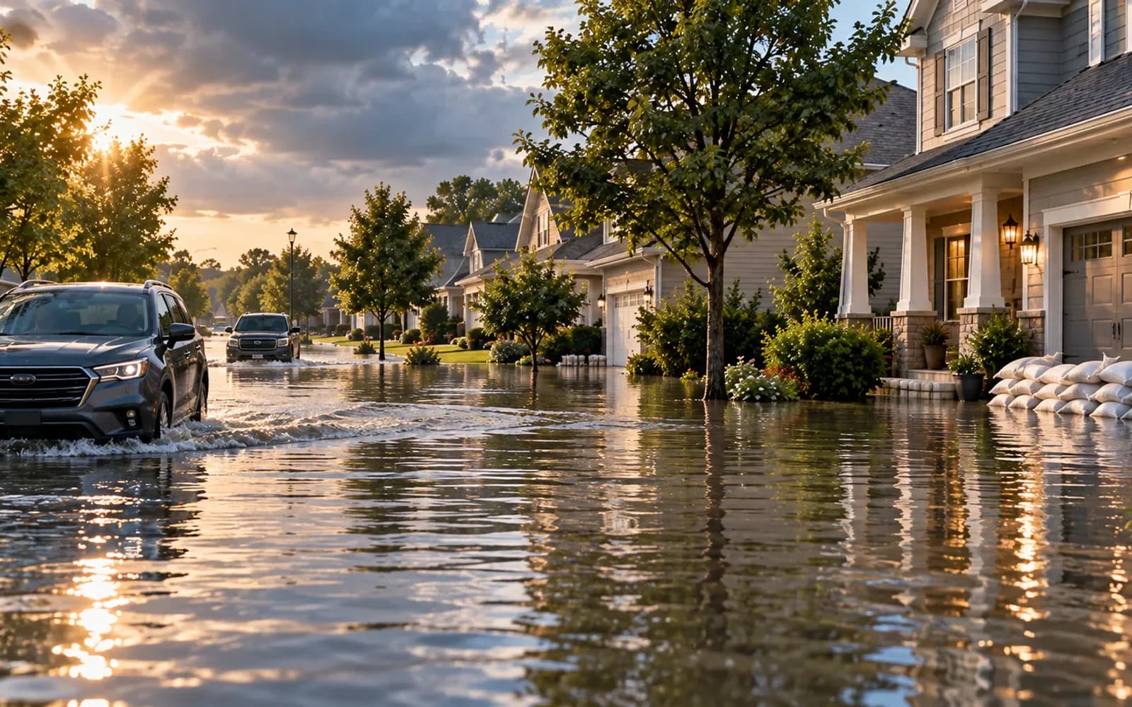 Suburban street affected by floodwater