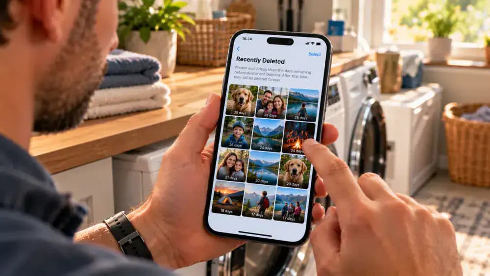 Adult inspecting the Recently Deleted album on an iPhone beside a laundry room window, pointing toward an unwanted screenshot while family photos and a vacation video remain visible among other deleted items.