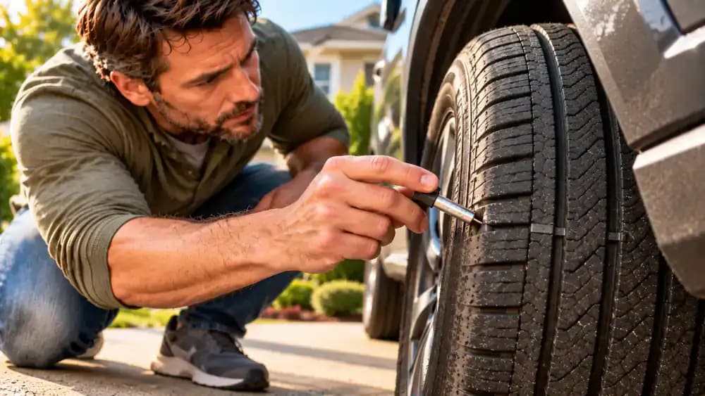 Driver using a mechanical tread depth gauge inserted into a main groove near the outer shoulder of a parked SUV tire, with inner, center, and outer tread sections visible.