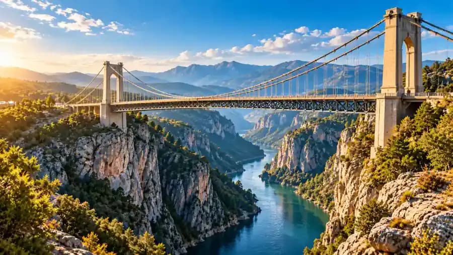 Suspension bridge crossing a deep canyon, symbolizing additional protection across a financial coverage gap.
