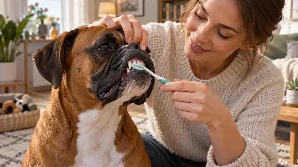 Owner carefully reaching a soft pet toothbrush toward the outer upper premolars of a relaxed boxer dog