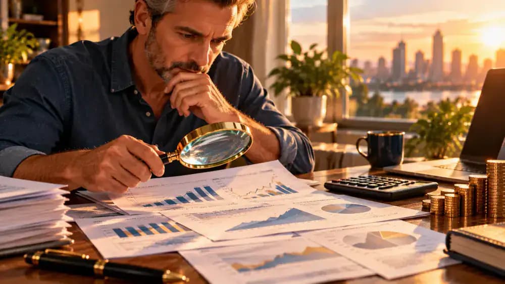 Consumer examining financial projections and guaranteed benefit illustrations with a magnifying glass.