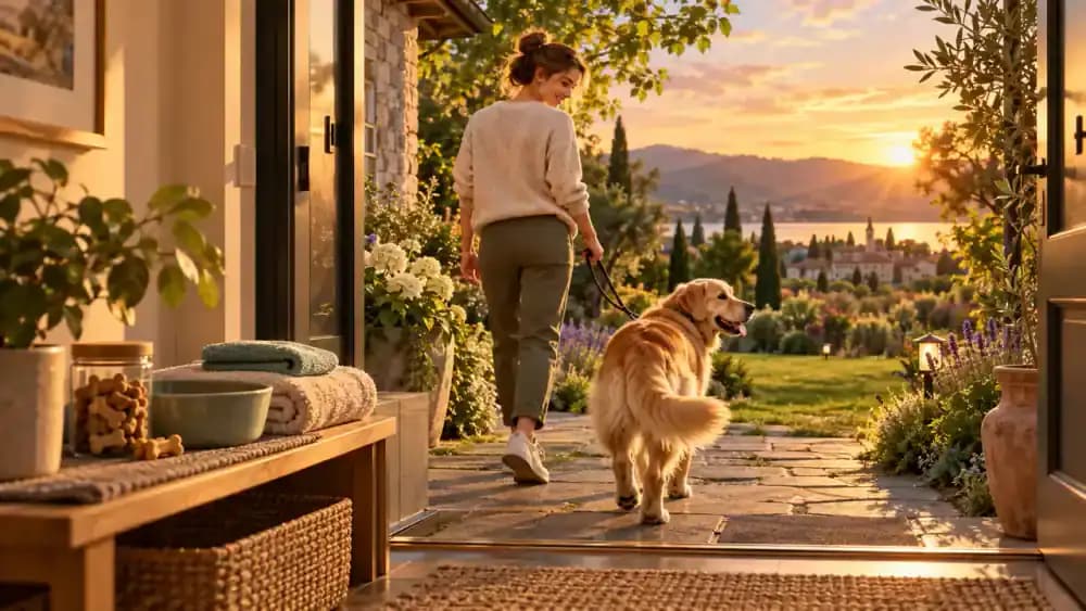 Happy golden retriever walking with its owner along a leafy garden path toward a neighborhood park at golden hour, with a paw-cleaning kit visible on a shelf inside the open doorway.
