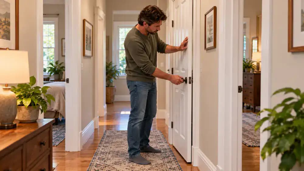 Close-up from a high downward angle of a homeowner testing the lower latch-side gap of a slightly open white interior door with a narrow strip of paper beside a pencil mark, while gently holding the brushed nickel door handle.