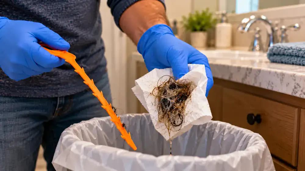 Close-up of a homeowner wearing protective gloves and safety glasses using a paper towel to remove damp hair and soap residue from a flexible barbed plastic drain-cleaning tool over a lined bathroom trash can.