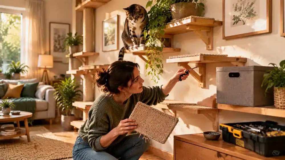 Cat owner testing empty climbing platforms, inspecting worn nonslip material, tightening a loose fitting, and removing an obstruction before watching the cat use the completed route.