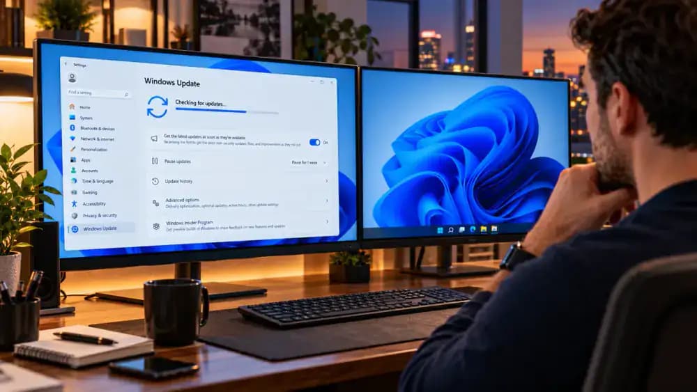 Windows 11 Settings displaying the Windows Update page with the Check for updates button, update search progress, available security and cumulative updates, and a restart notification.