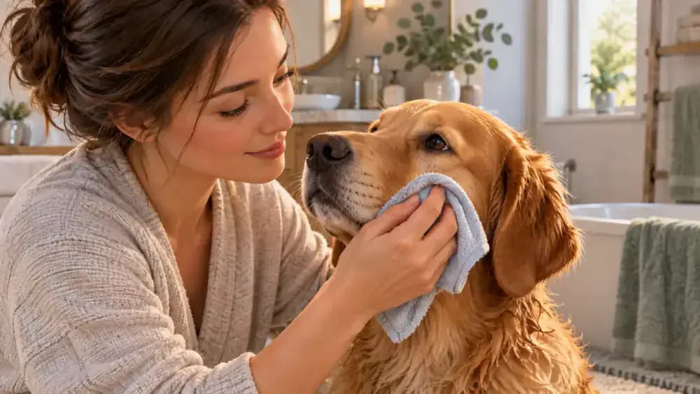 Close-up side view of an owner gently wiping a dog's cheek, ear, and nose with a soft, damp washcloth.
