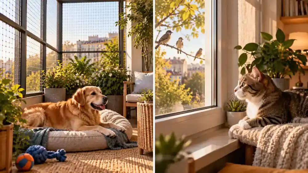 Relaxed dog enjoying a supervised visit inside a professionally secured balcony enclosure, contrasted with a content cat watching birds from an indoor window perch, followed by both pets resting beside their owners.