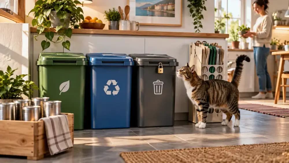 Secure-lid kitchen trash can with rinsed recycling stored in a closed bin while a cat sniffs nearby