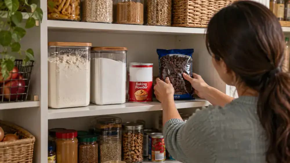 Hands arranging sealed flour and sugar canisters on the left side of a clean, dry pantry shelf, with baking powder and chocolate chips behind them and open shelf space to the right.