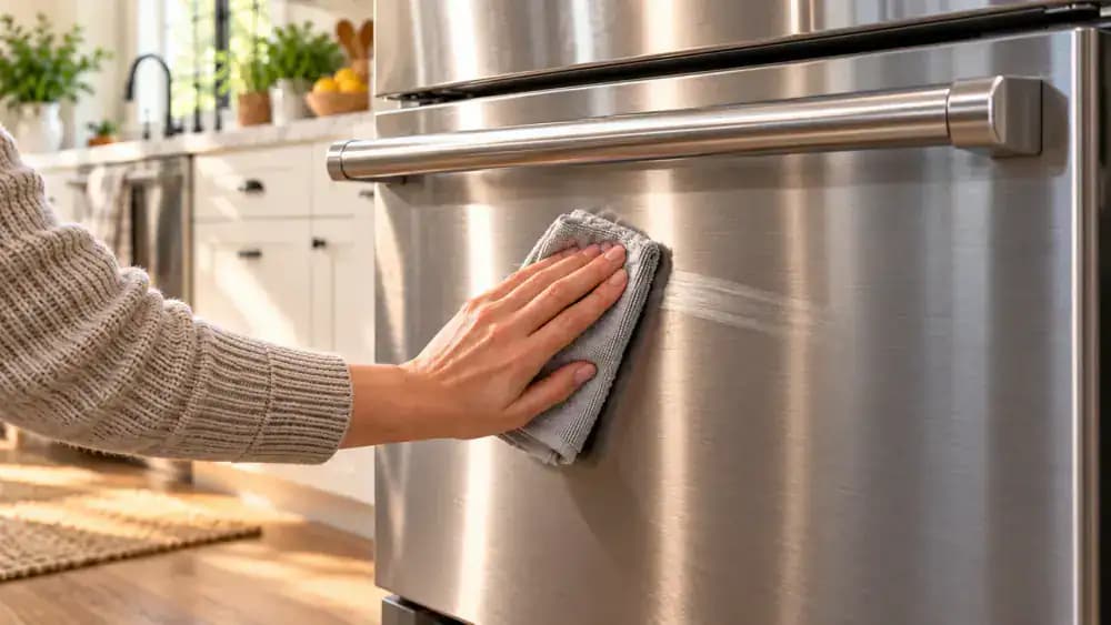 Close-up of a hand buffing a dry stainless steel freezer drawer horizontally with the grain using a folded microfiber cloth while checking a faint streak in reflected side light.