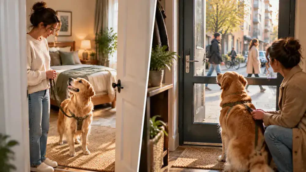 A dog waits at a living room doorway and hallway entrance during a morning routine before its owner checks the leash and prepares to open a secure exterior door.